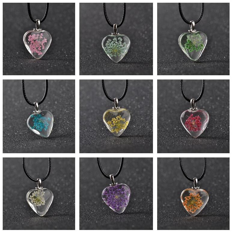

Brand new New heart-shaped glass dry flower necklace pendant WFN624 (with chain) mix order 20 pieces a lot