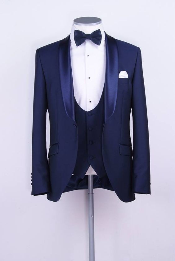

Wholesale- Groomsmen Shawl Satin Lapel Groom Tuxedos Blue Men Suits One Button Wedding Best Man Blazer (Jacket+Pants+Vest + Tie) Z70, Same picture