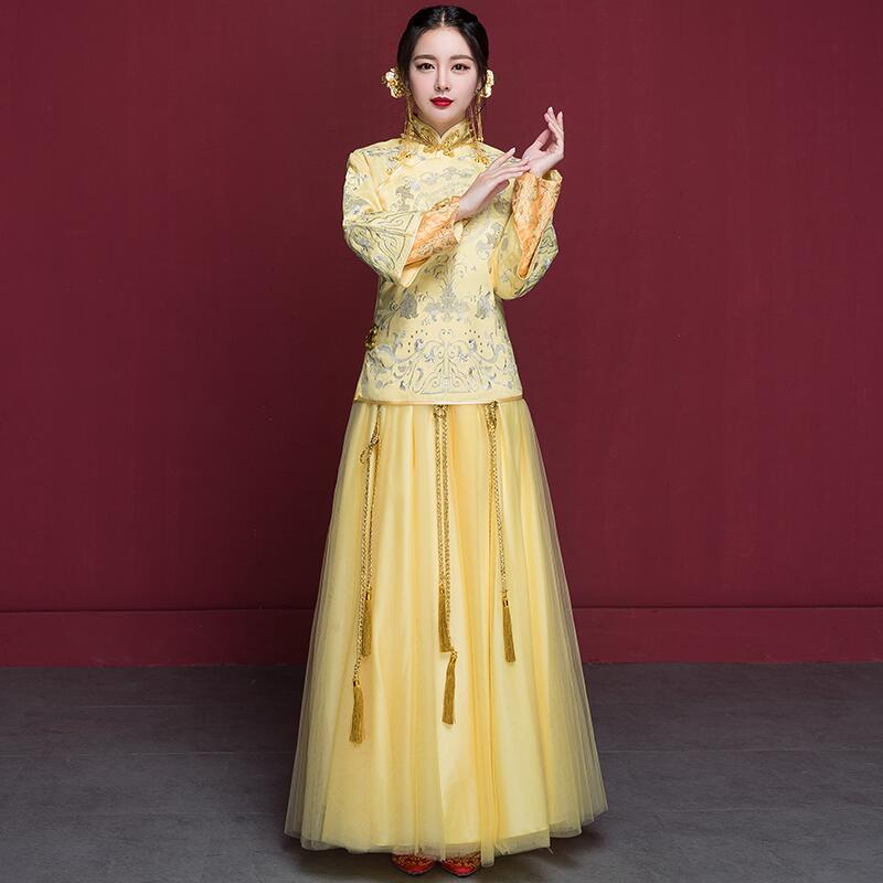 

New ethnic clothing Especial Fashion Chinese bride wedding gown dress Golden cheongsam Suzhou embroidery female golden kimono