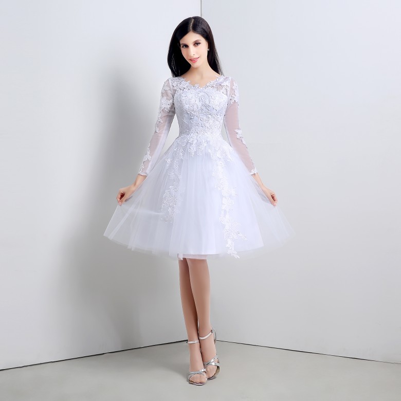 

2017 New Elegant White Wedding Dresses A-Line Lace Tulle Appliques Wedding Party Bridal Gowns Stock 6-16 QC326, Ivory