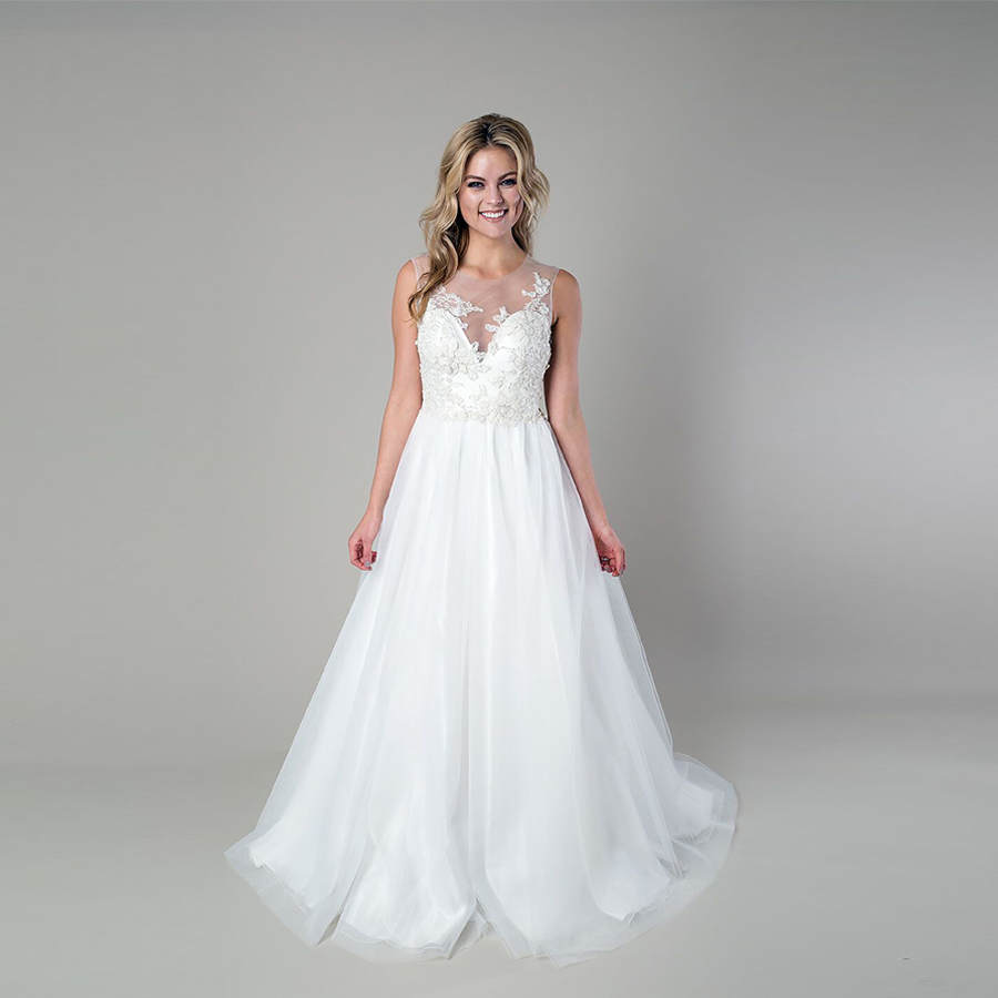 

a-Line Wedding Gown Features An Illusion Neckline And Back With Hand Appliqued Organza And Beaded Flowers Full Tulle Skirt Bridal Dress, Same as image