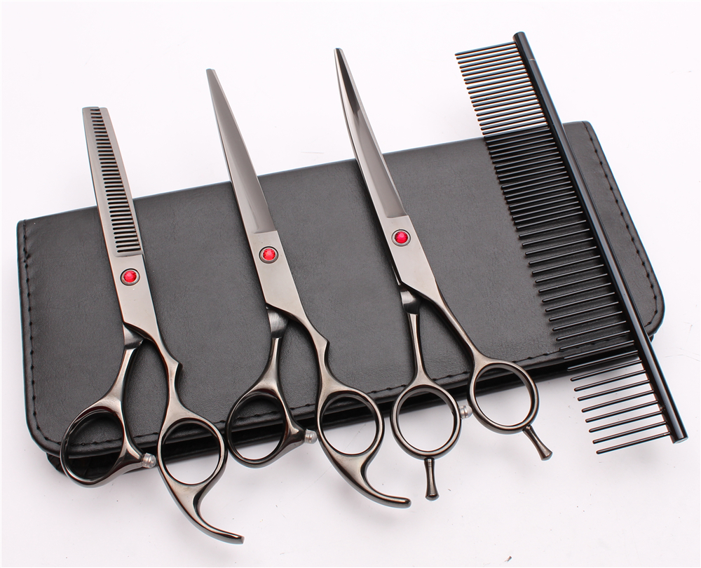 

C3002 4Pcs 7'' JP Customized Logo Professional Pets Grooming Hair Scissors Comb+Cutting+Thinning+UP Curved Shears Cat Dog Fur Clipper Shears