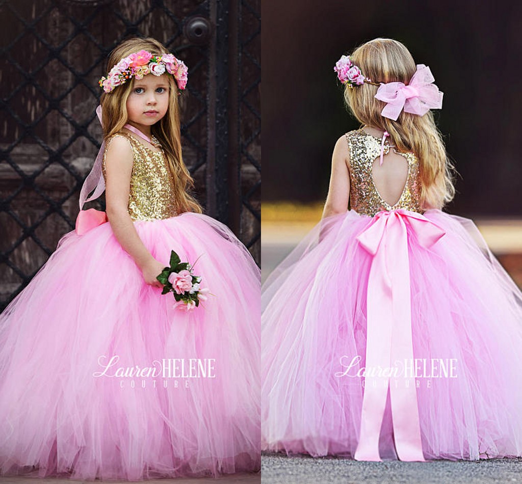 

2017 New Cute Top Gold Sequined Flower Girls' Dresses Hollow Back Pricess Puffy Tulle Ball Gowns Girls Pageant Gowns Cheap, Grape