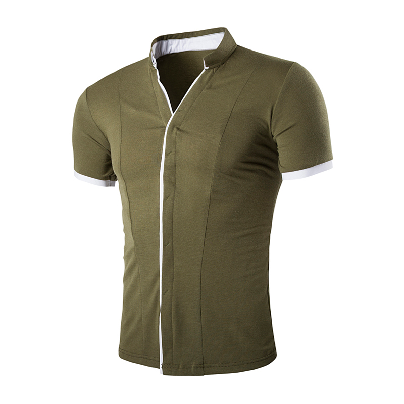 

Wholesale- Summer Stylish Vintage Mens Shirts Solid Covered Button Mandarin Collar Short Sleeve Slim Fit Shirt Men Tops Camisa Masculina, Black