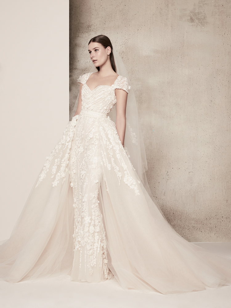 

Vintage Elie Saab A Line Wedding Dress With Detachable Skirt Sweetheart Neck Appliques Cap Sleeves Custom Made Wedding Dresses Bridal Gowns, Silver