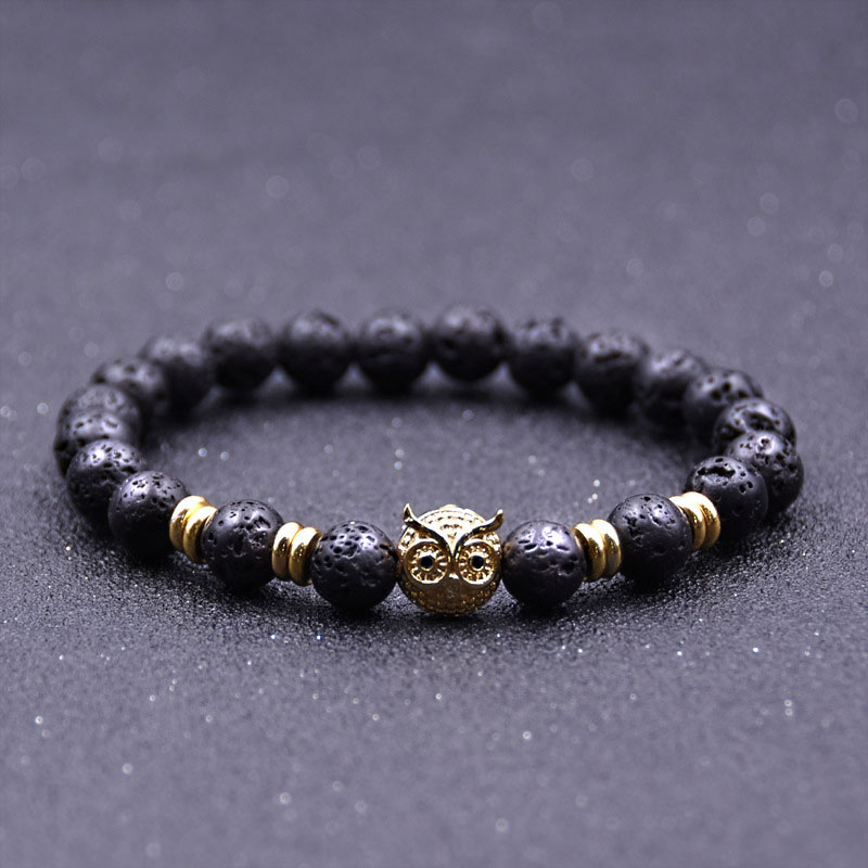 

Hot sale Natural Lava Stone Gold silver Plated Owl Bracelets Reiki Chakra Healing Balance Beads for Men Women Gift Charm Yoga Jewelry