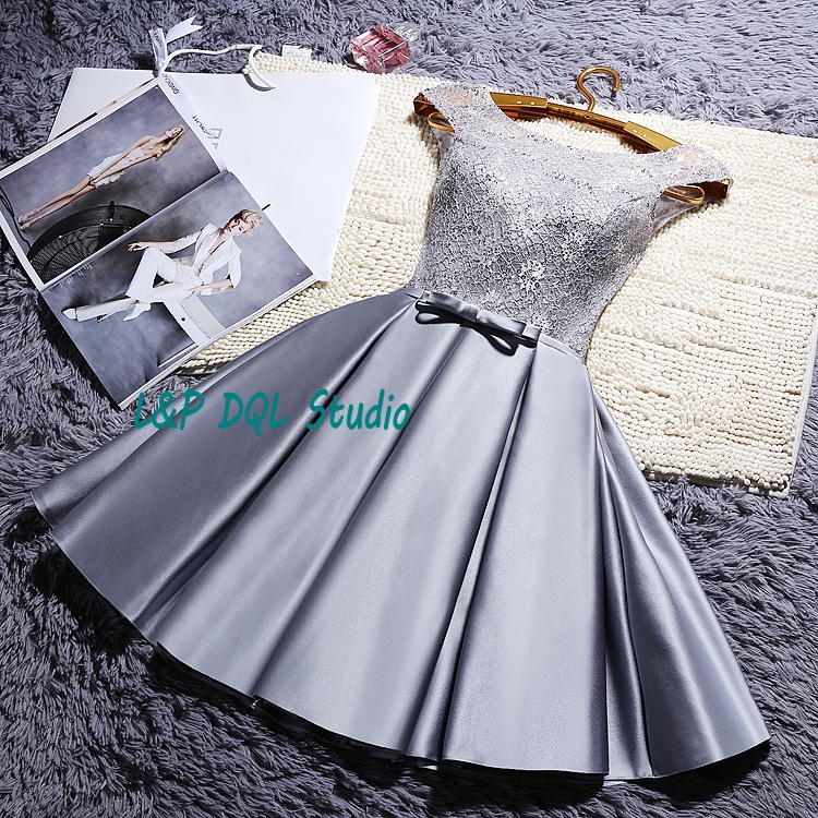 

Silver Gray Party Dresses Arrival Real Photos Satin with Lace Prom Gowns Knee-Length Red,Royal Blue,Champagne,Red Cocktail Dress