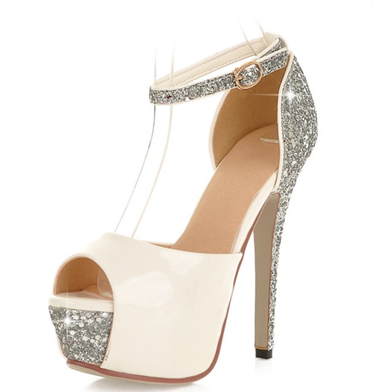 

2017 new arrive high quality women sandals peep toe ankle strap glitter prom wedding shoes woman silver summer shoes, Black