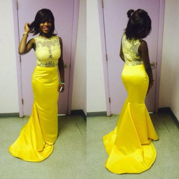 See Through Appliques Yellow Mermaid Prom Dresses 2021 vestido de festa Long Graduation Dress Sexy Black Girl Party Gowns