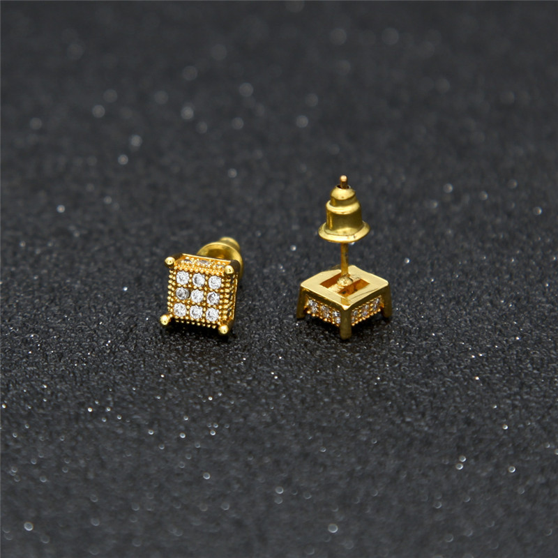 

3D Square Earring Hip Hop Real 925 sterling silver jewelry Screw Back pave CZ for men&women