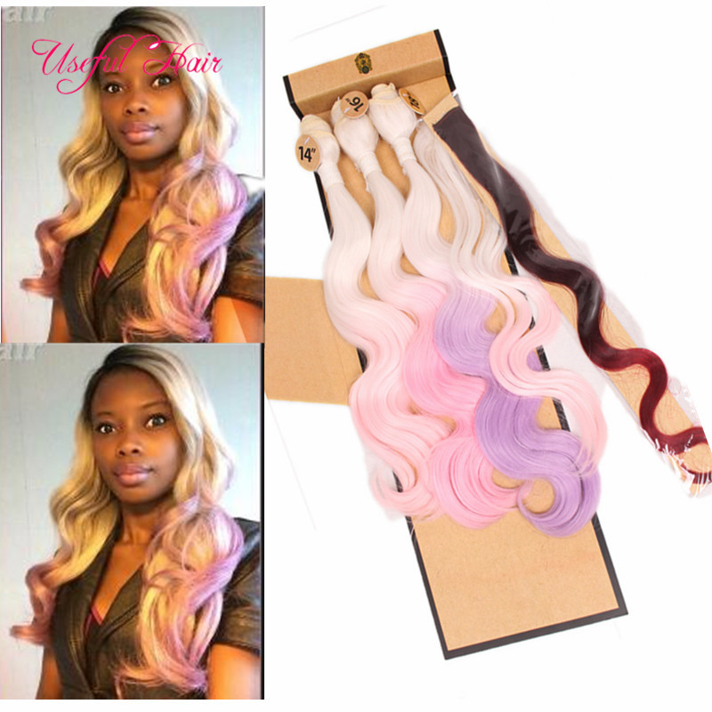 

OMBRE BLONDE PINK COLOR sew in hair weave 4 bundles with closure hair bundles body wave hair weaves 10-22INCH MARLEY TWIST weaves closure, Ombre 613 body wave