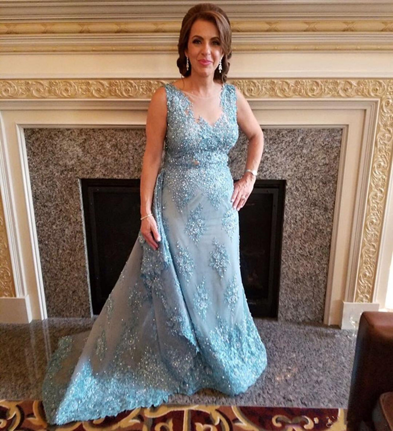 

Gorgeous Applique Beaded Sequin Mother Of The Bride Dresses Sheer Jewel Mermaid Prom Dress Sweep Train Wedding Guest Dress Custom Made