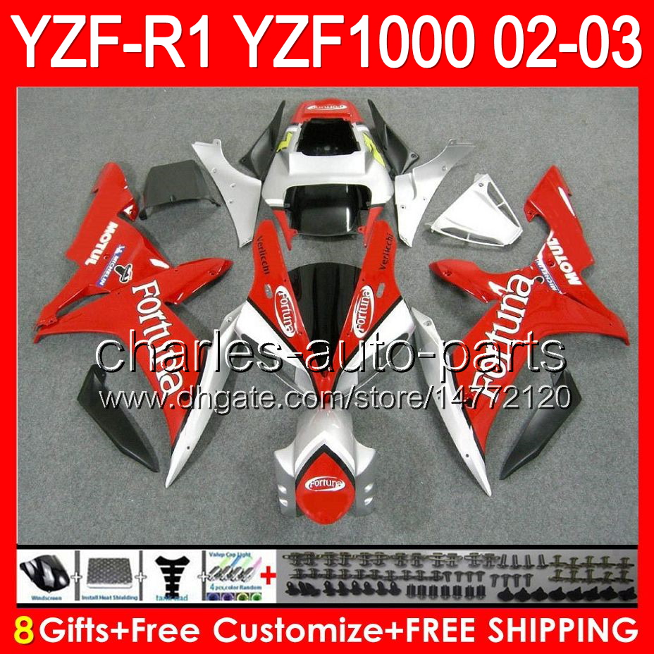 

8gifts Body For YAMAHA YZFR1 02 03 YZF1000 YZF-R1 02-03 Fortuna red 92NO58 YZF 1000 YZF-1000 YZF R 1 YZF R1 2002 2003 Fortuna white Fairing, Same as the photo shows