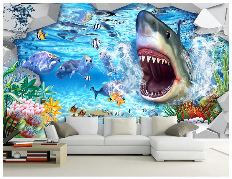 

3D photo wallpaper custom wall murals wallpaper mural 3D Shark 3D Underwater World Background Wall paper Murals living room wallpaper decor