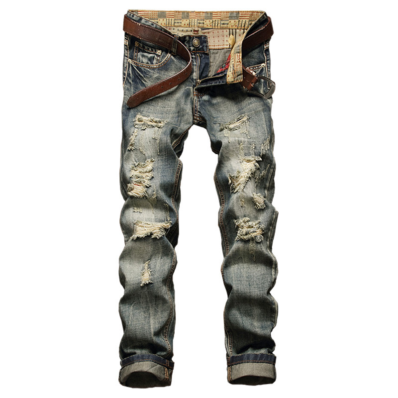 

Wholesale- NEW Long Trousers Jeans Men Ripped Frazzle Casual Straight Legged Denim Pants Large Slim Fit Classic Homme Biker Jeans, Blue