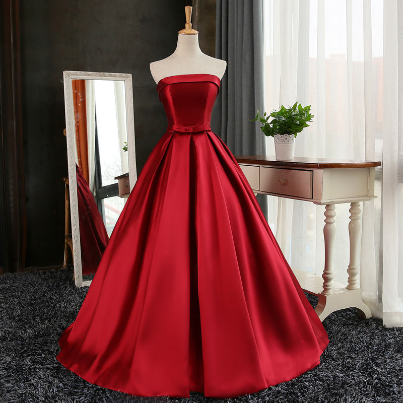 Strapless 395 Satin Long Evening Dresses Lace Up 2019 Burgundy Red Evening Gowns Elegant Robe De Soiree