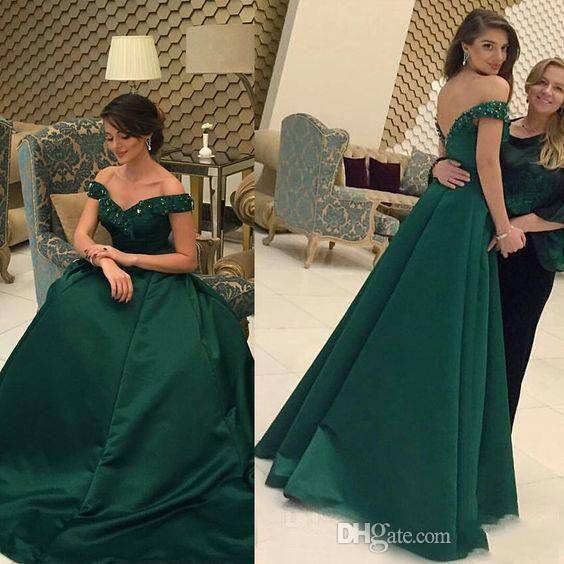 

2020 Green Evening Dresses Off The Shoulder A Line Floor Length Satin Special Occasion Formal Prom Party Gowns Lebanon Robe Soee, Hunter