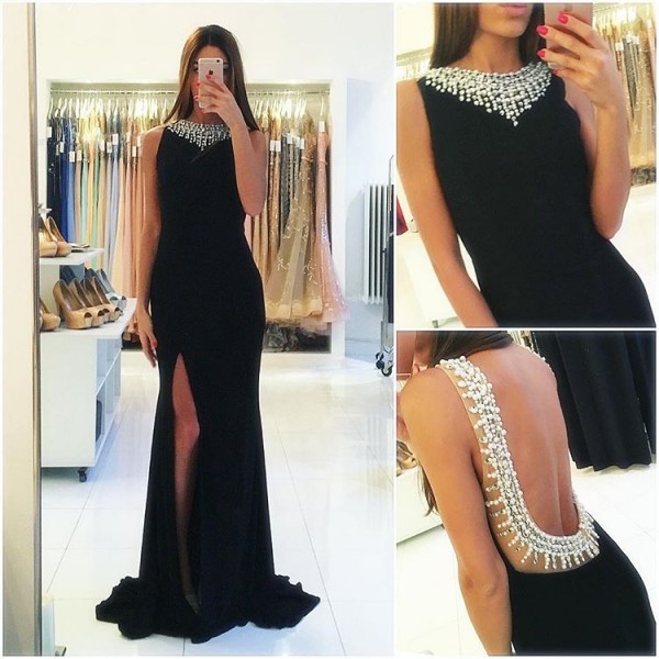 

Sexy Black Split Prom Dresses Evening Wear 2017 Mermaid Party Gowns Low Back Pearls Special Occasion Formal Dress, Sage