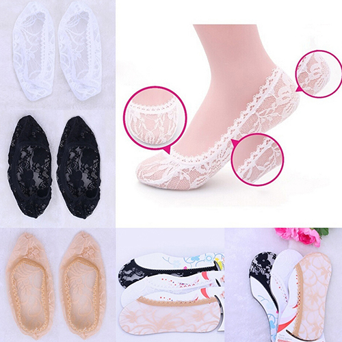 

Wholesale-Hot Women Fashion Voile Lace Antiskid Invisible Liner Flexible Low Cut Boat Socks, Black