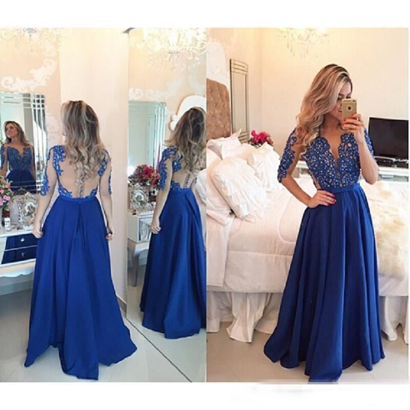 

Royal Blue Prom Dresses Pearls A-Line Satin Appliqued Party Dress Deep V-neck Formal vestido longo, Red
