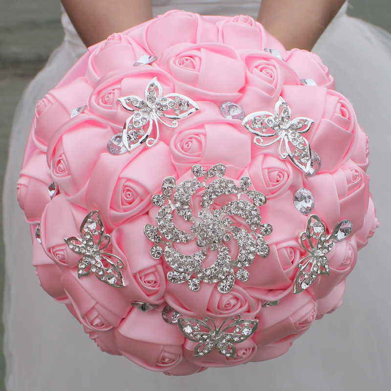 

Pink Wedding Bridal Bouquets Handmade Flowers Sweet 15 Quinceanera Bouquets Pearls Crystal Rhinestone Rose Bridal Holding Brooch W292-4