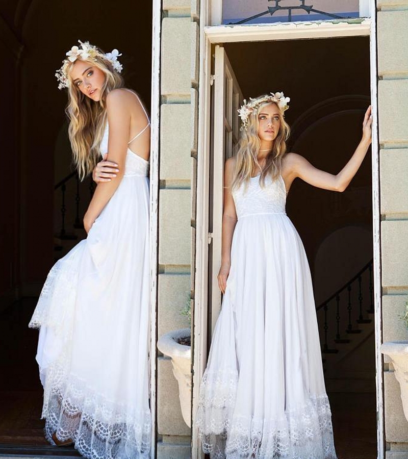 

White,Ivory Beach Wedding Dresses Pleats Chiffon with Floral Lace Summer Bridal Gowns Country Wedding Gowns Spaghetti Wedding Dresses Cheap