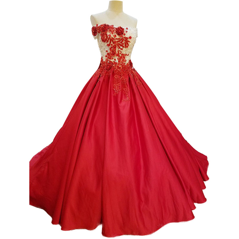 

Red Custom Made Taffeta Colorful Ball Gown Wedding Dresses With Appliqued Off Shoulder Beatu Garden Luxury Wedding Gowns, Champagne