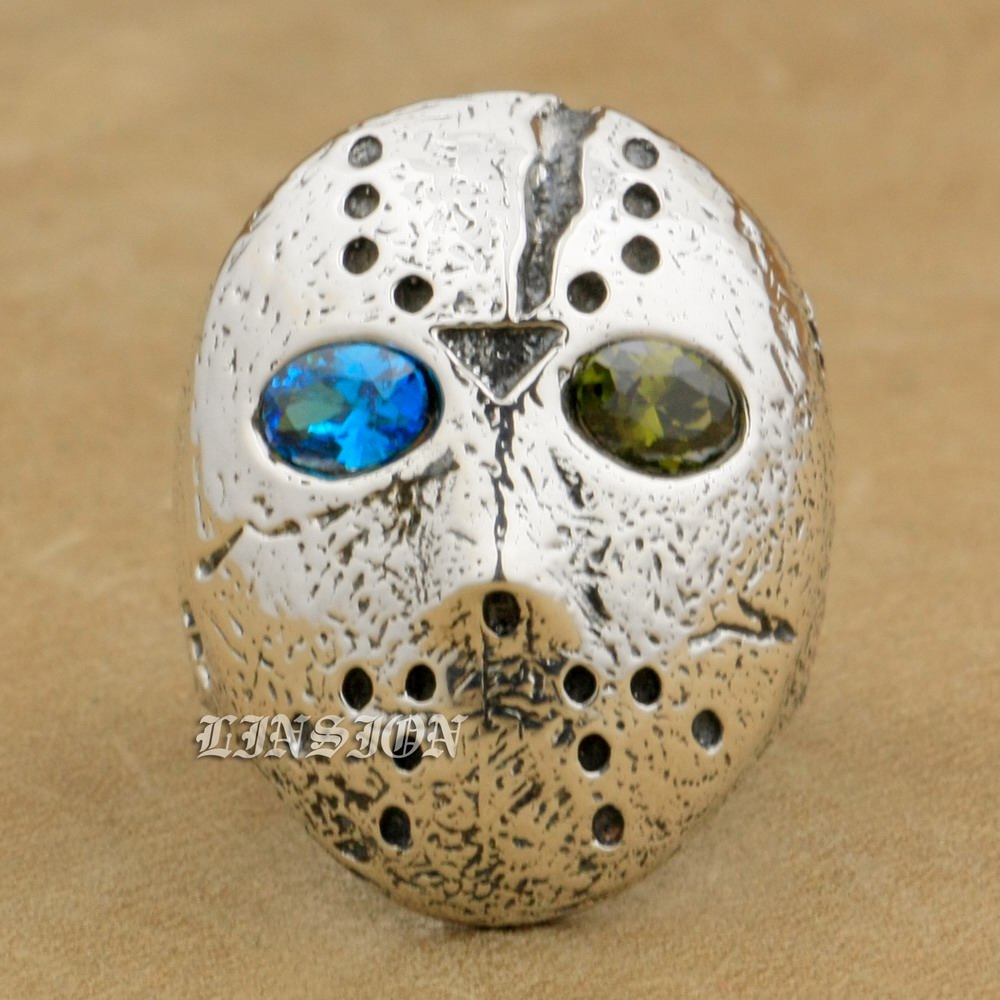 

LINSION 925 Sterling Silver Halloween Jason Mask Blue + Green CZ Eyes Mens Boys Biker Rock Punk Ring 9D404 US Size 7~15