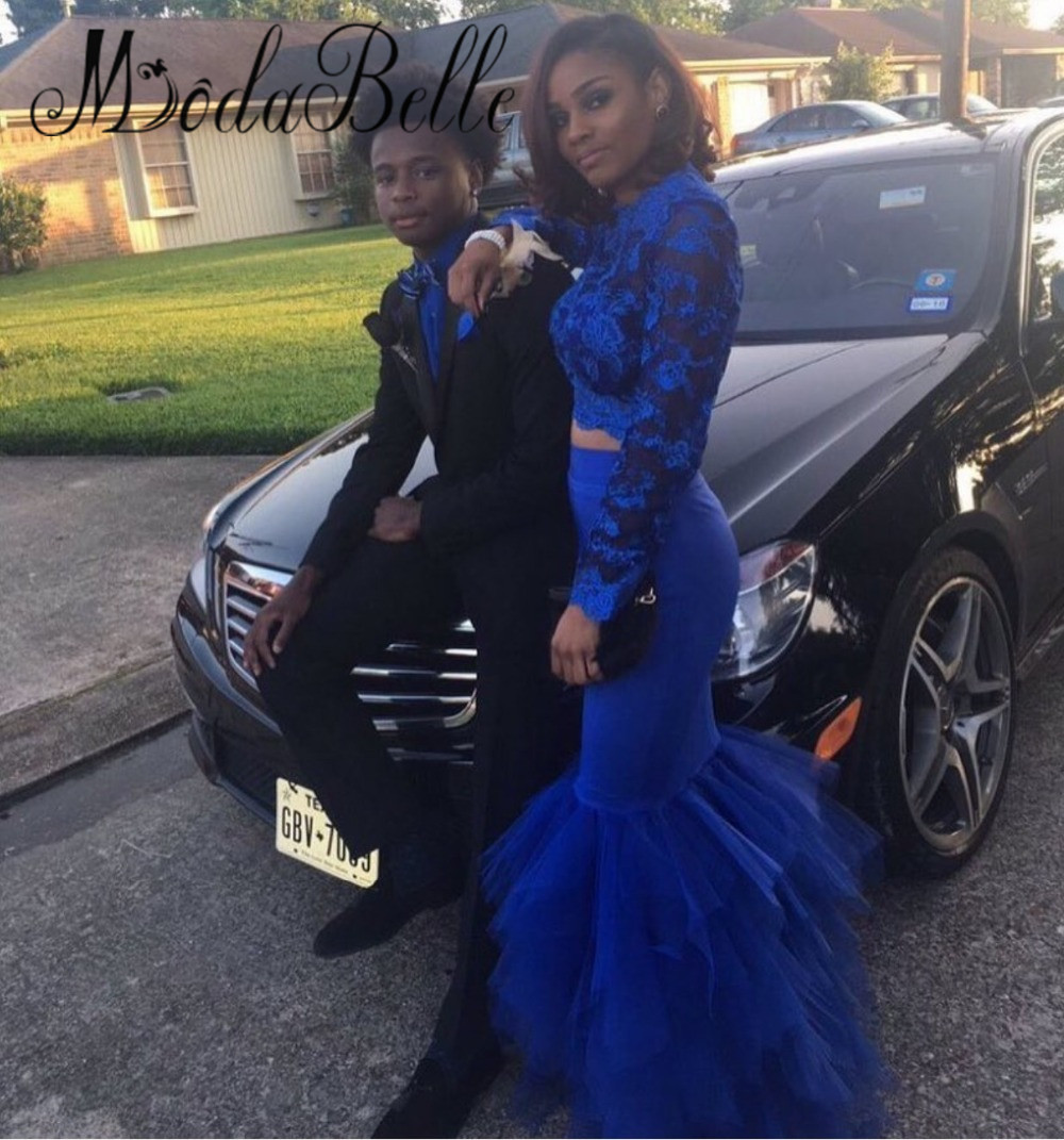 Prom 2K17 Royal Blue Two Piece Mermaid Celebrity Red Carpet Dresses Lace Long Sleeves Tulle Floor Length Formal Evening Gowns