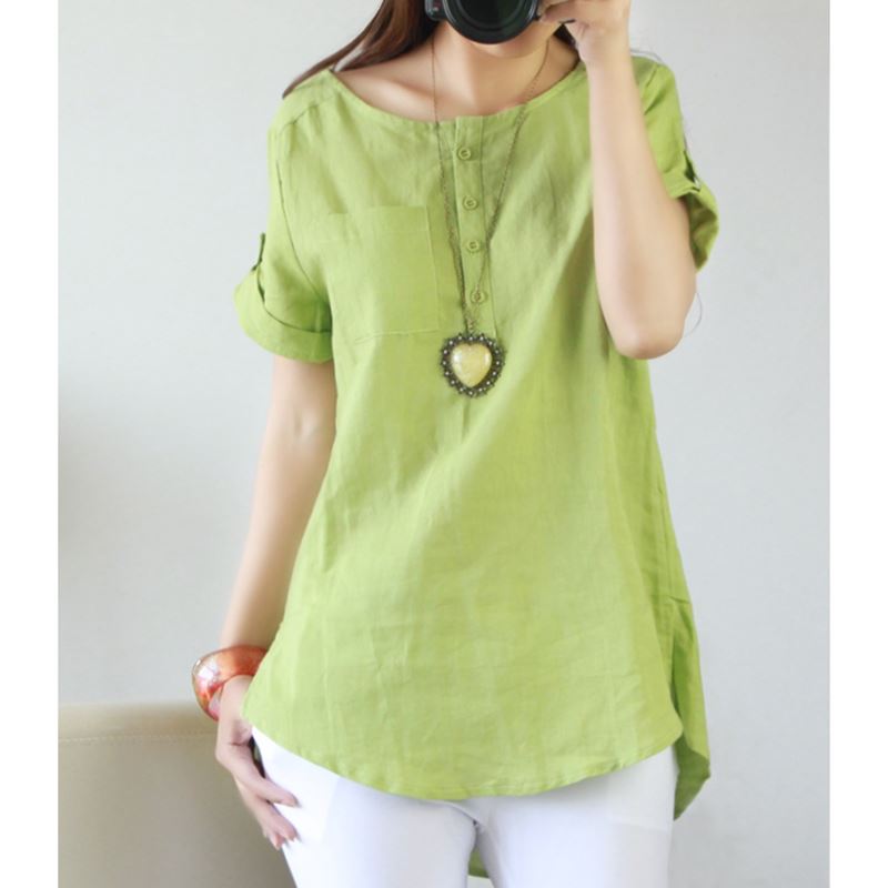 Damen O Neck Kurzarm Floral Bluse Shirts Baumwolle Linen Ethnic Freizeit Hemd