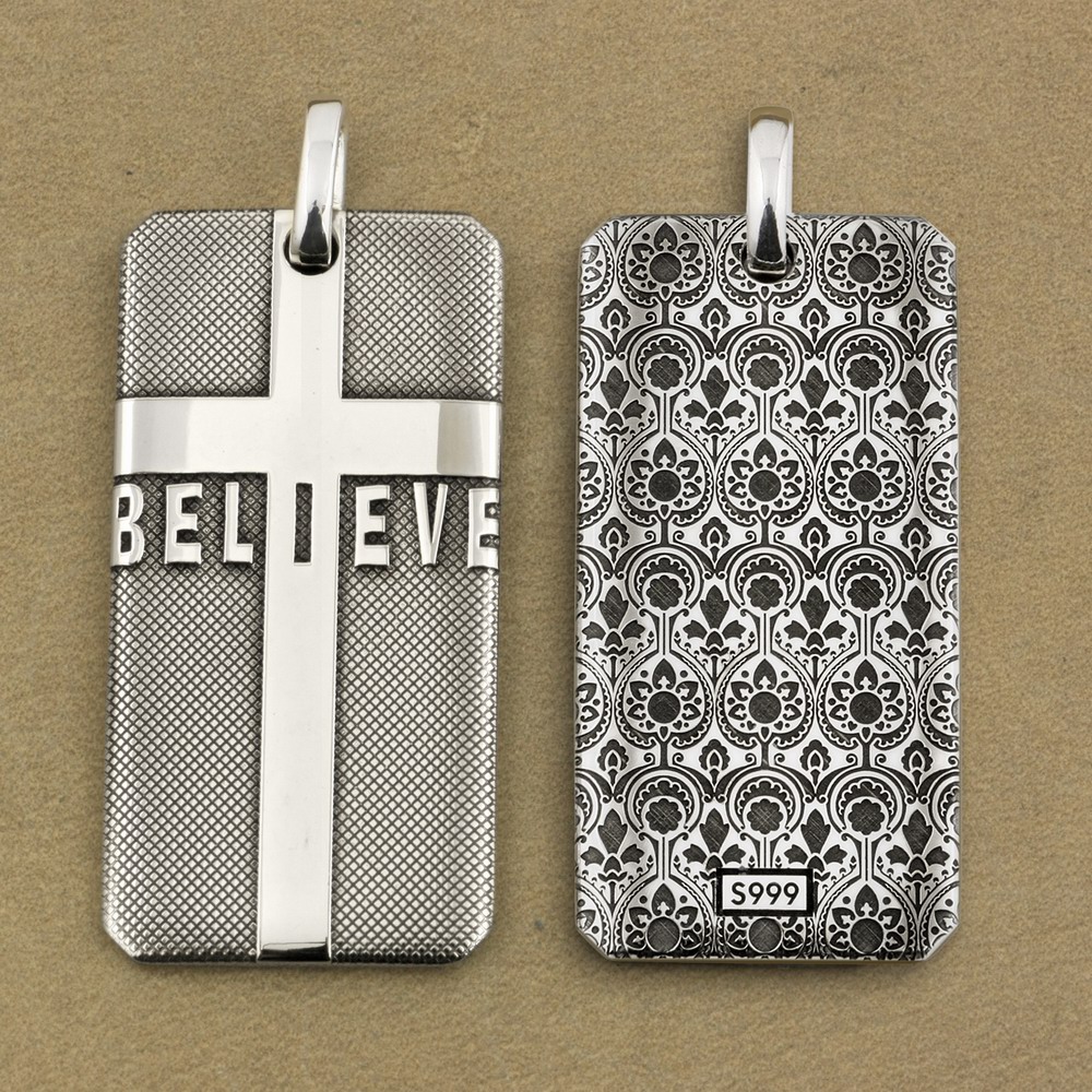 

LINSION 999 Silver BELIEVE Cross DogTag Mens Biker Pendant 9X023S Large Size JP