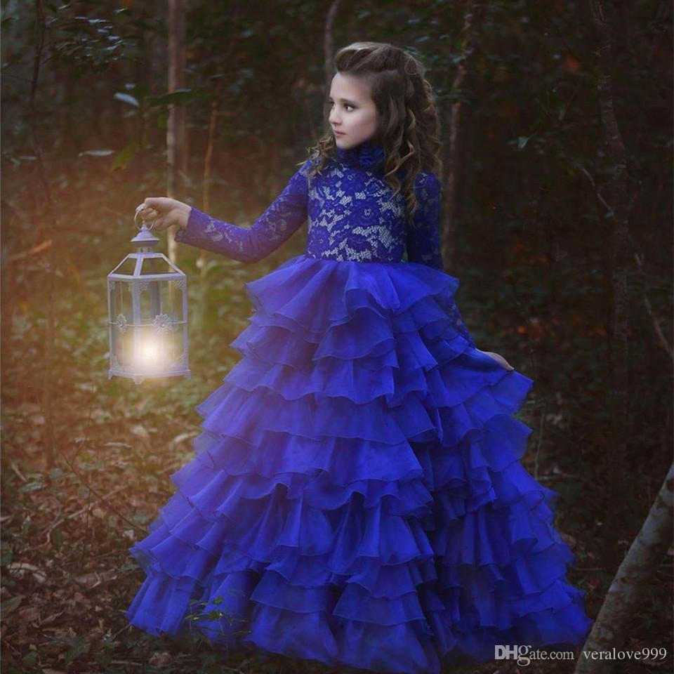 Nouvelle arrivée pour filles fleurs robes bleu royal à manches longues à manches longues appliques en dentelle première robes de concours