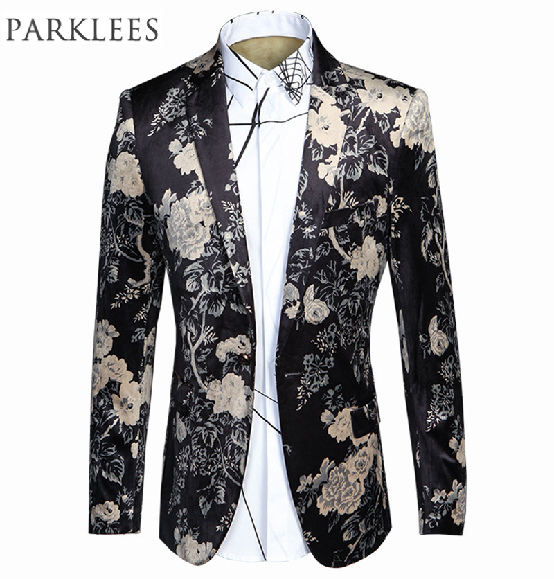 

Wholesale- 2017 New Arrival Blazer Men Floral Men's Suits Costume Homme Blazer Masculino Wedding Dress Slim Fit Mens Blazer Jacket Black