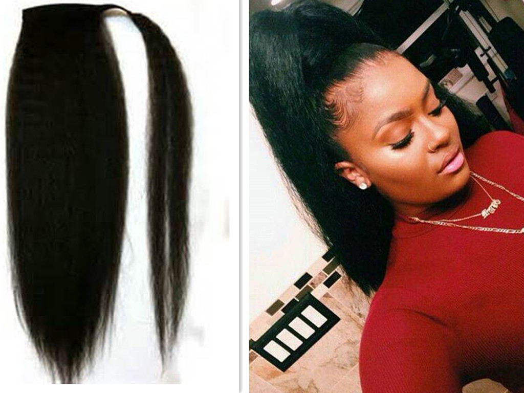 

Wholesale yaki kinky straight ponytail human hair virgin brazilian Hair Ponytail Wrap Around Clip black italian yaki hairpieces 120g