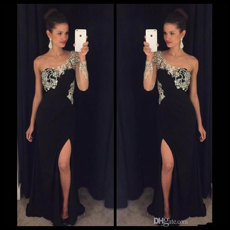 

One Shoulder Black Evening Dresses Applique Beaded Long Sleeve Side Split Sheath Chiffon Formal Prom Party Gowns Vestidos De Fiesta E253, Orange