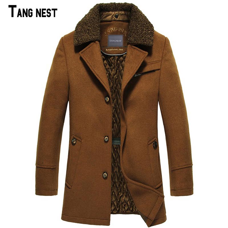 Vente en gros- TANGNEST Hommes Mélanges De Laine 2017 Nouvelle Mode Hiver Hommes Long Plus Épais Chaud Laine + Polyester Hommes Manteau Veste MWN