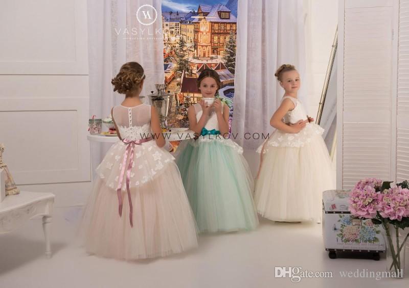 

Sheer Neck Lace Sash Ball Gown Tulle Cheap Baby Girl Birthday Party Christmas Dresses Children Girl Party Dresses Flower Girl Dresses, Chocolate