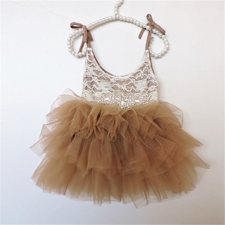 

Girls Flower Dress fashion Kids Clothing 2017 Summer lace rhinestone bows belt Dress girls Sleeveless Princess Cake Dress T3195, Champagne