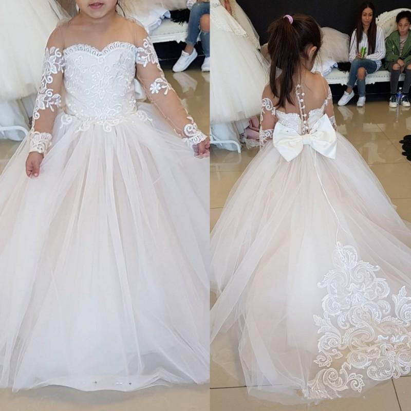 

Sheer Jewel Long Sleeves Flower Girls Dresses Princess Lace Applique Little Kids First Communion Dress Simple White A-line Pageant Gowns