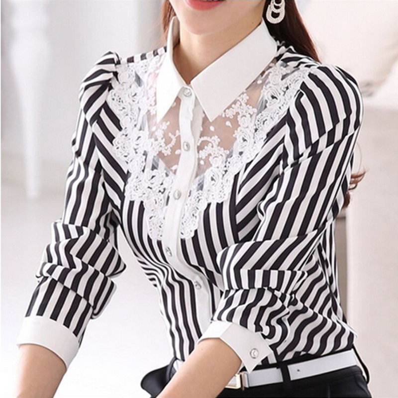 

Long Sleeve Lace Tops Striped Blouse Women Spring Autumn Turn-Down Collar OL Blouses Official Female shirt Formal Blouse, White