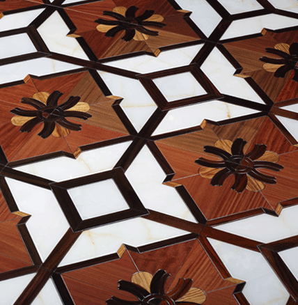 Luxurious Villas Art Parquet Wood Flooring jade marble white color Indonesia rosewood hardwood floor Balsamo red finished medallion inlay-image-405153833