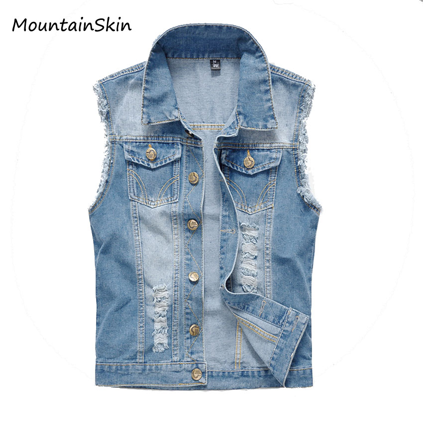 Wholesale- 2016 New Vintage Design Men's Denim Vest Male Slim Fit Sleeveless Jackets Men Brand Hole Jeans Waistcoat Plus Size S-6XL,LA035