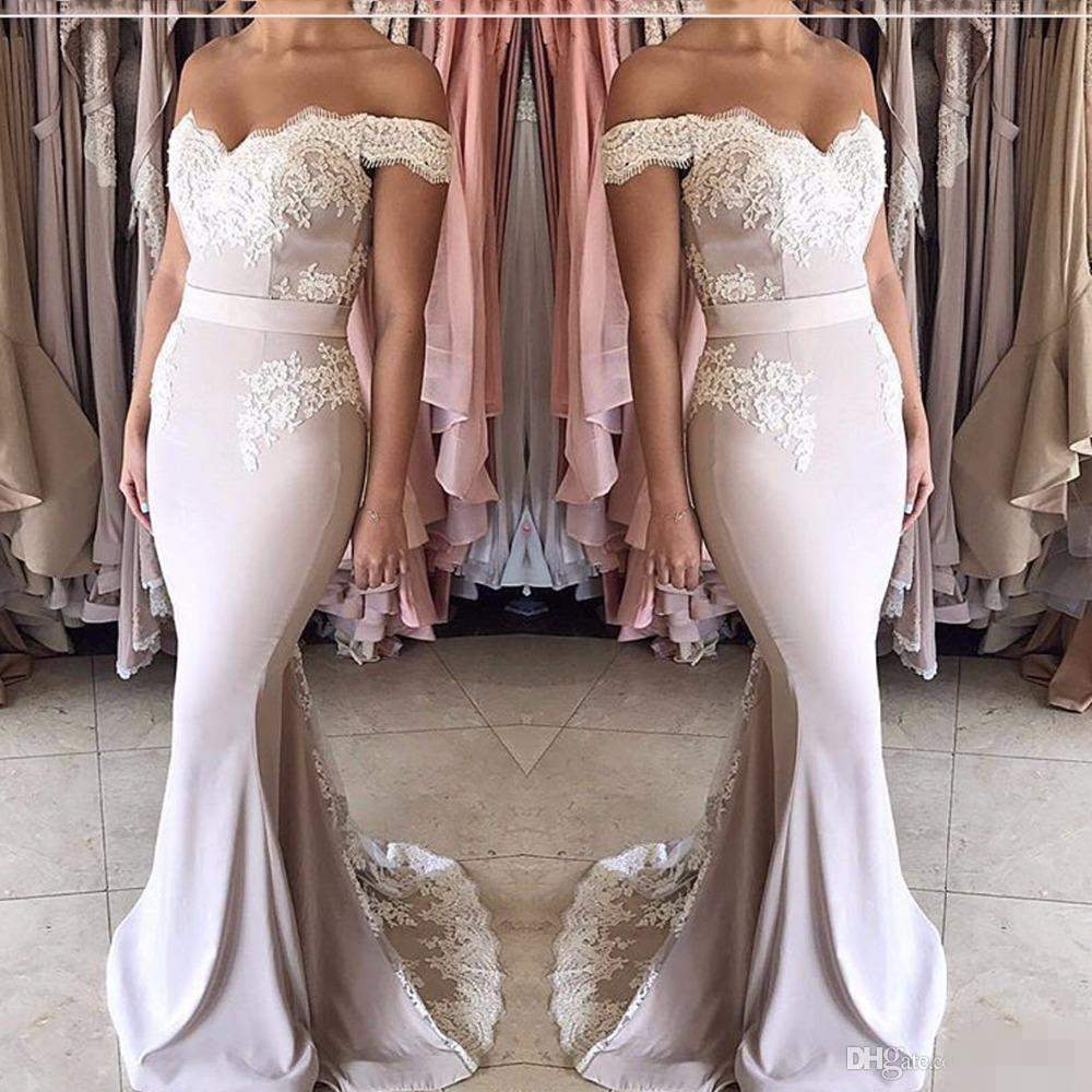 

2019 Blush Pink Wedding Party Dresses Off the Shoulder Sweetheart Appliqued Lace Short Sleeve Mermaid Bridesmaid Dresses