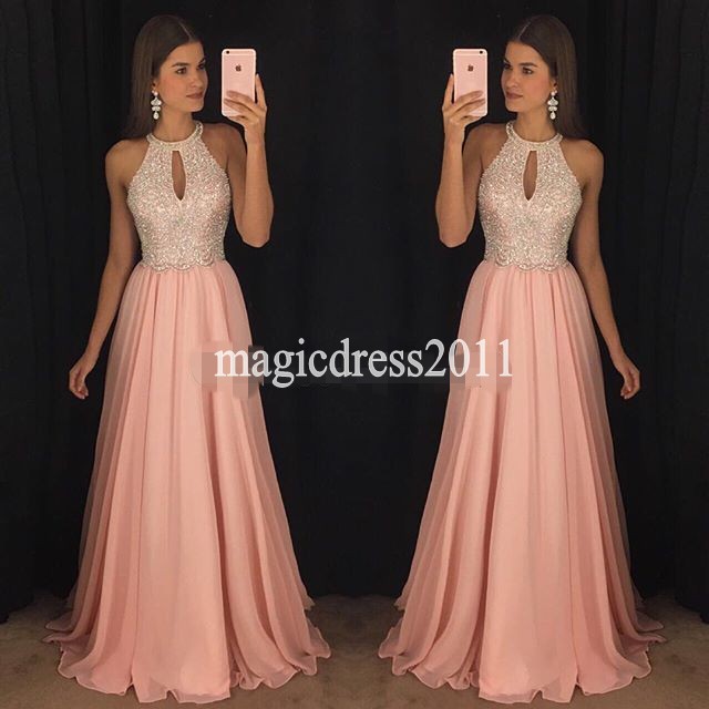 

Gorgeous Pink Chiffon Prom Dresses A-Line Halter Major Beaded Ruffled Pleated Evening Formal Gowns Long Chiffon Dress for Party Wear, Yellow
