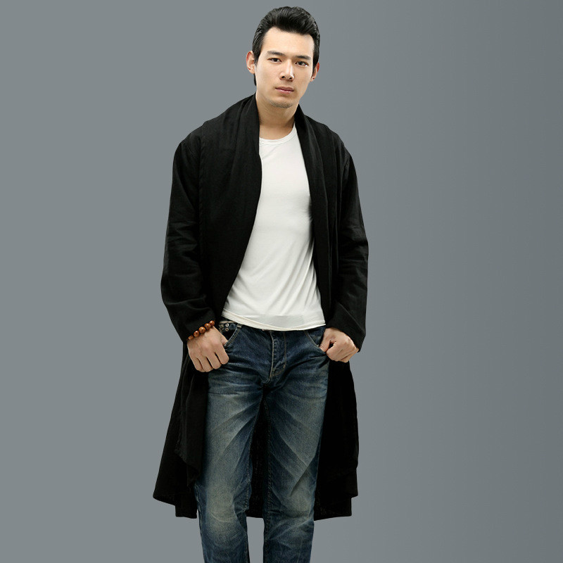 Wholesale- Men linen trench coat long shawl cardigan high quality street men punk loose fashion casual outerwear coats A68