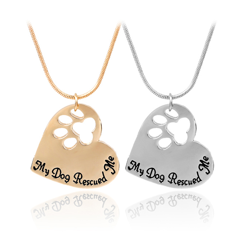

Pet Memorial Jewelry My Dog Rescued Me Engraved Pet Paw Print Pet Lover Heart Shaped Pendant Necklace Animal Keepsake Charms, Silver
