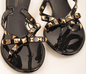 

New 2017 Woman Summer Sandals Rivets big bowknot Flip Flops Beach Sandalias Femininas Flat Jelly Designer Sandals Channel, Fuchsia