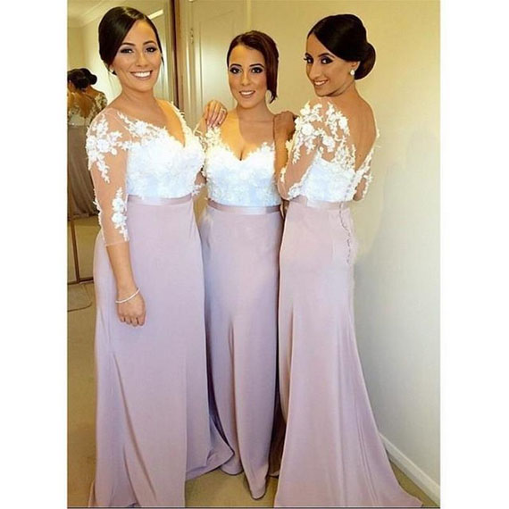 

Vintage White Applique Prom Dress Long Sleeve Lace Bridesmaid Dresses Wedding Party Dresses White And Lavender Bridesmaid Gowns Buttons Back