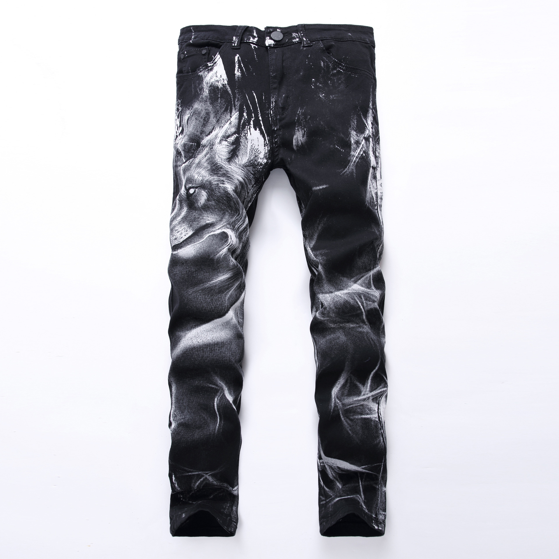 

Wholesale-Men Printing Jeans Knee 3D Printed Black Rap Biker Jeans Men Hip Hop Loose Slim Wolf Skinny Jeans For Men Denim Pants Plus Size