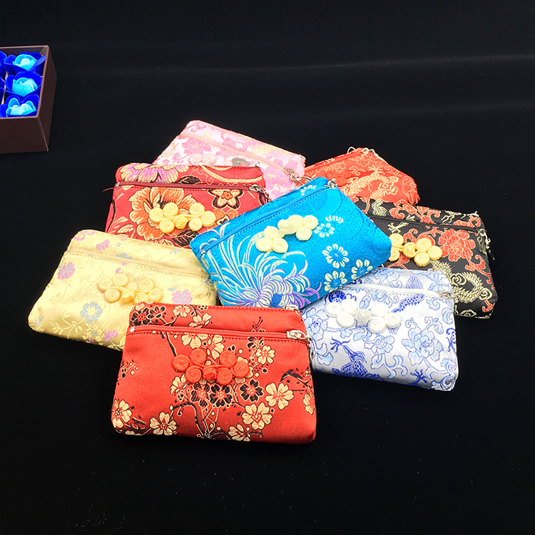 

Elegant Vintage Small Women Wallet Double Zipper Bags Chinese Silk Brocade Coin Purse Jewelry Storage Bag Credit Card Holder 50pcs/lot